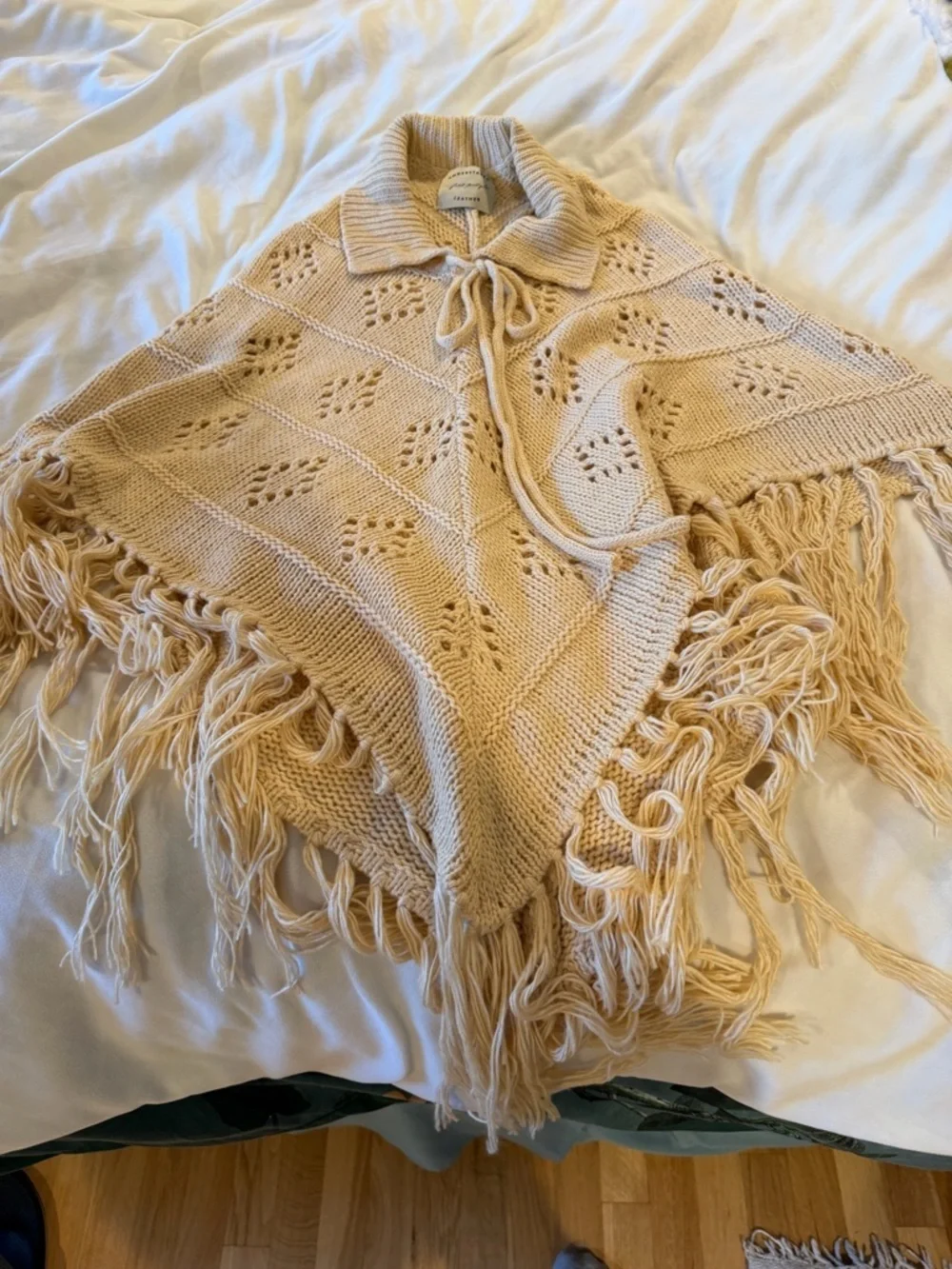 Free People Understated Eyelet Fringe Knit Poncho Sweater Women's OS